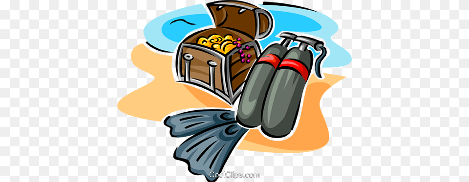 Scuba Equipment And Treasure Chest Royalty Vector Clip Art, Weapon, Device, Grass, Lawn Png Image