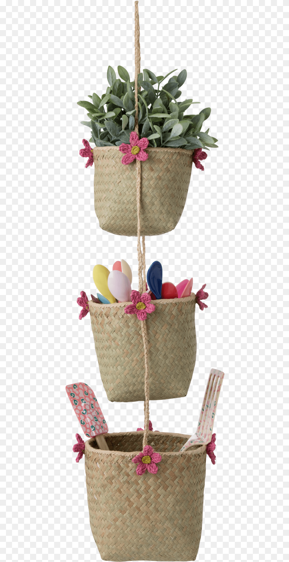 Seagrass Hanging Storage Baskets With Pink Crochet Basket, Plant, Potted Plant, Jar, Planter Free Png Download