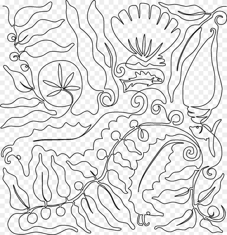 Seahorse Shells And Kelp Line Art, Gray Png Image