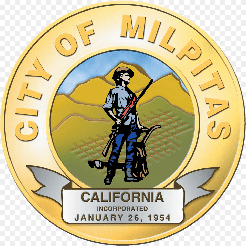Seal Of Milpitas California City Of Milpitas Logo, Badge, Symbol, Adult, Male Free Transparent Png