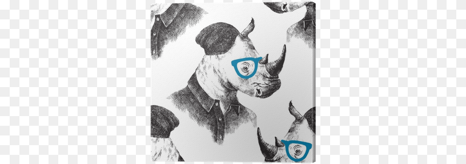 Seamless Pattern With Dressed Up Rhino Canvas Print 39hipster Rhino In Black And White39 Graphic Art Print, Adult, Male, Man, Person Free Transparent Png