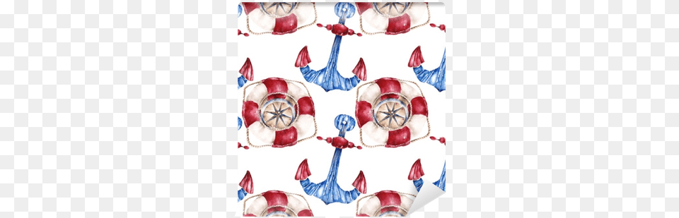 Seamless Pattern With Lifebuoy Anchor And Compass Watercolor Painting, Art Free Png