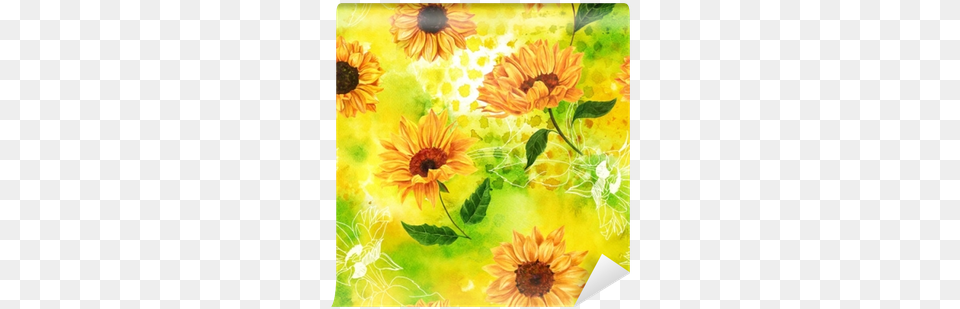 Seamless Pattern With Watercolor Sunflowers On Yellow Green Watercolor Painting, Flower, Plant, Art, Sunflower Free Png Download