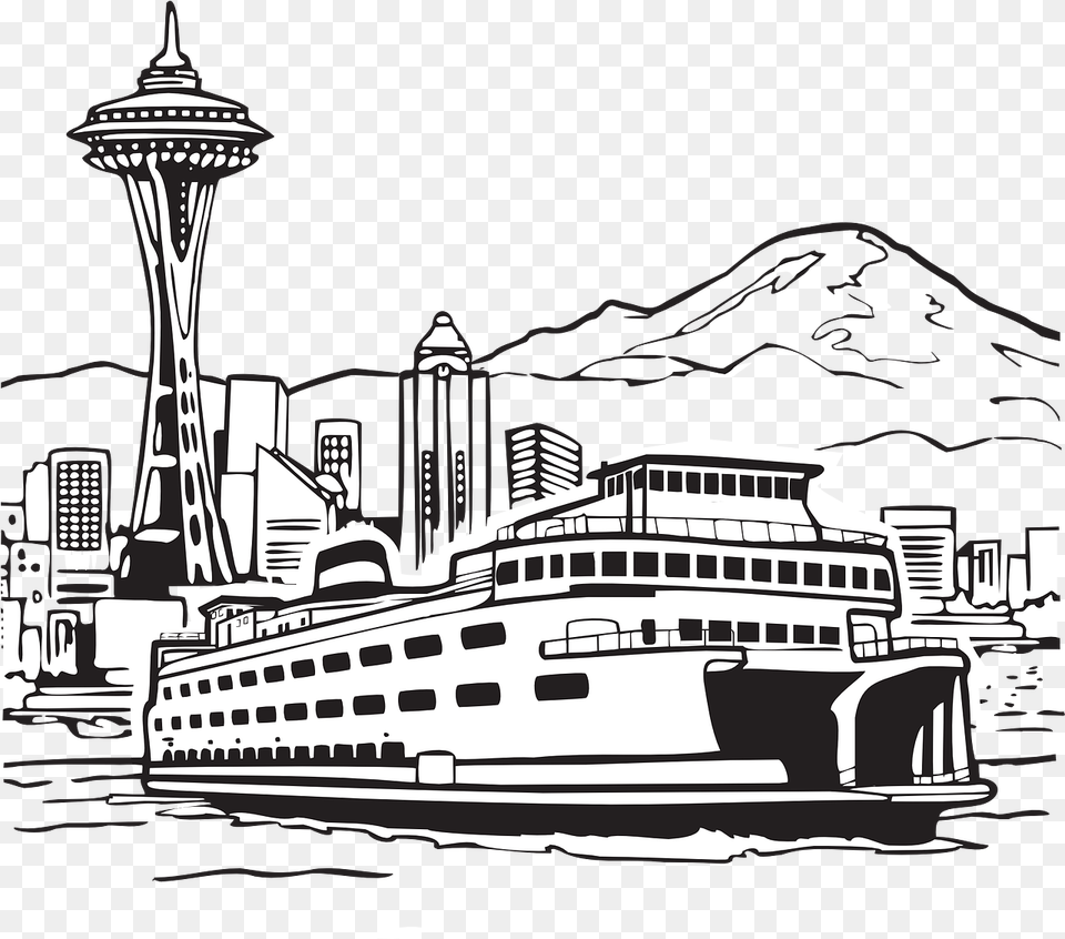 Seattle Space Needle Ferry Clip Art Black And White, Boat, Transportation, Vehicle Free Transparent Png