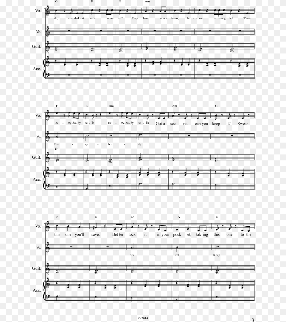 Secret Sheet Music Composed By The Pierces 3 Of 6 Pages Pretty Little Liars Theme Guitar, Gray Free Png