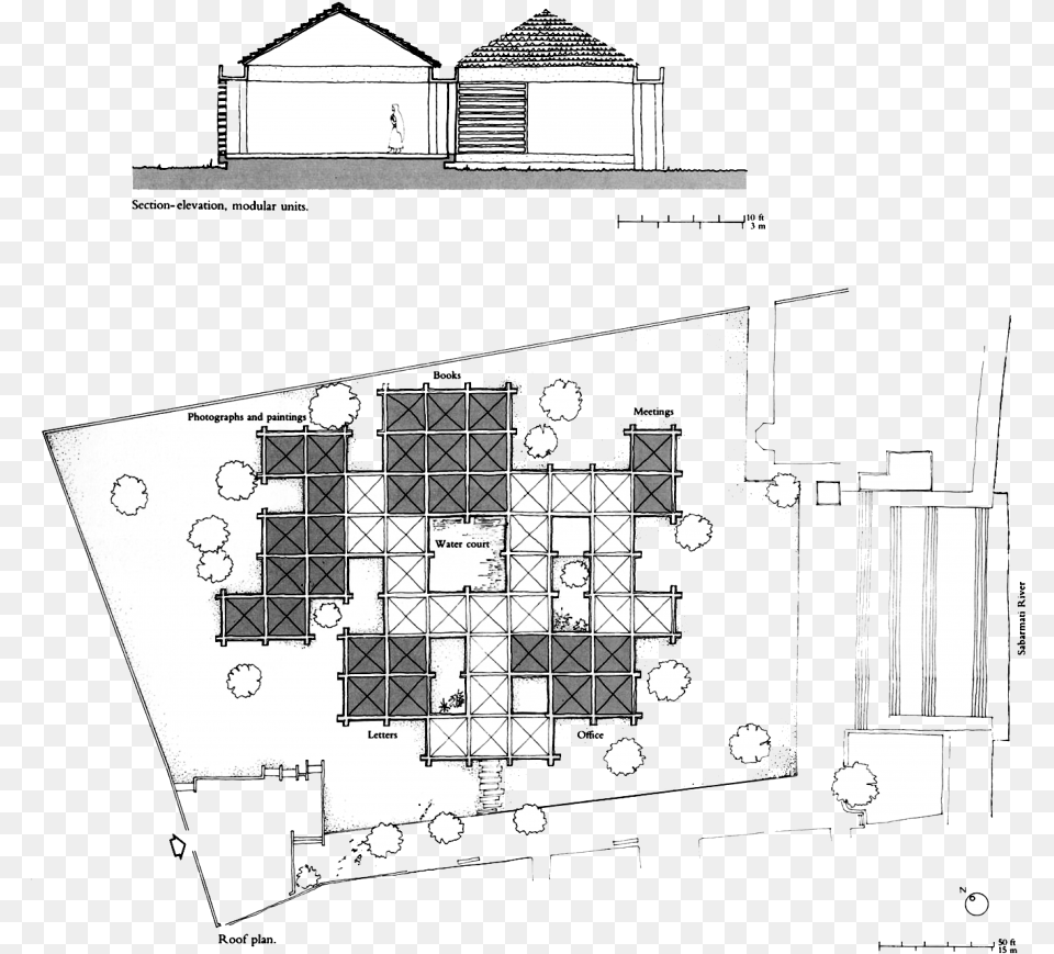 Section Elevation Through Exhibition Halls And Roof Gandhi Smarak Charles Correa, Chart, Diagram, Plan, Plot Free Png