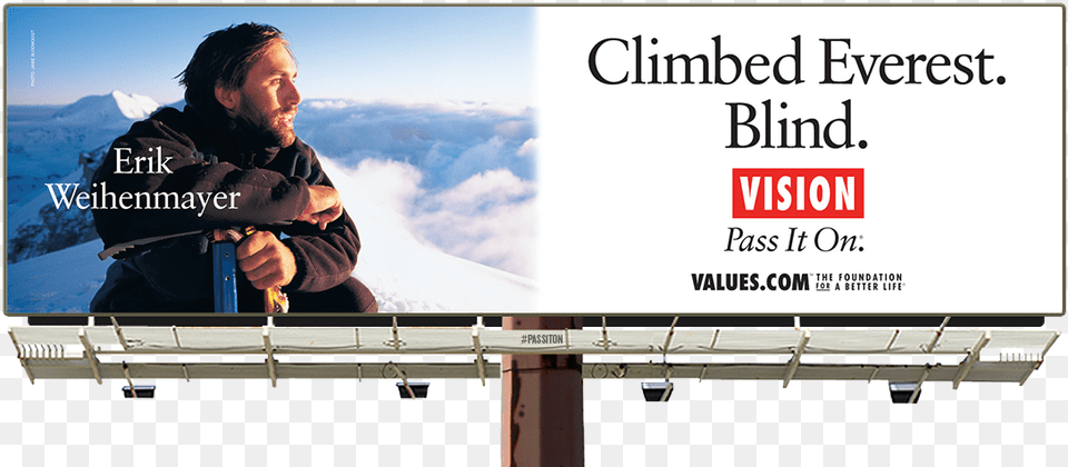 See The Blind Everest Climber Billboard And Pass It Value Billboard, Advertisement, Adult, Male, Man Free Png