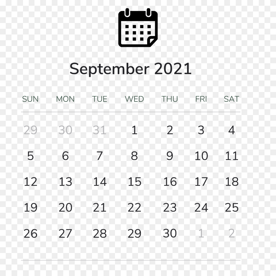 September 2021 Calendar, Text Free Transparent Png