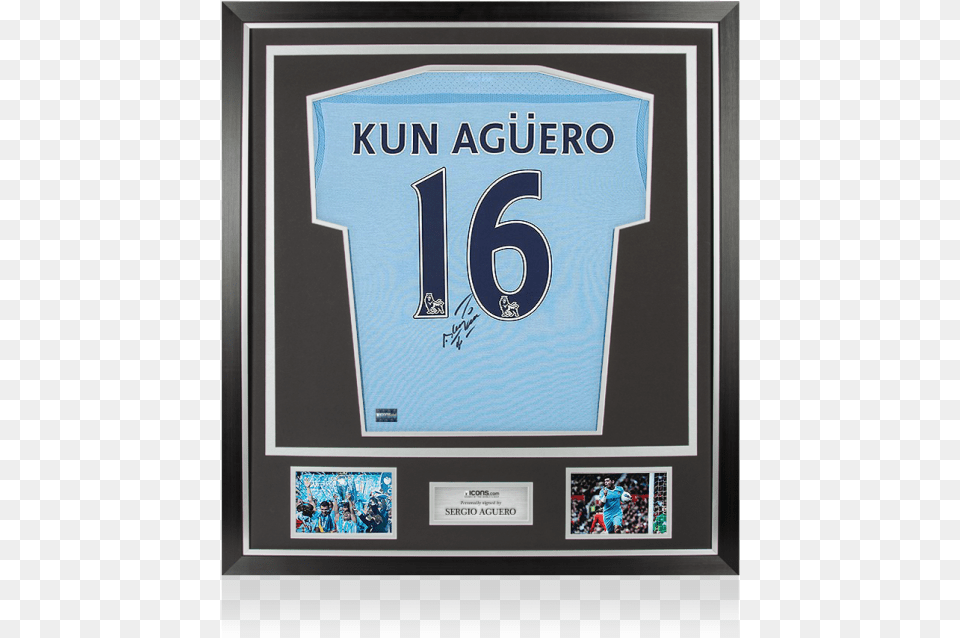 Sergio Aguero Back Signed Manchester City 2011 12 Home Chelsea Jersey Frame, Clothing, Shirt, Text, Person Png
