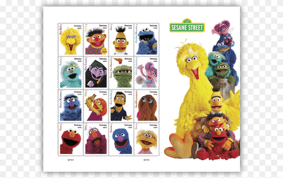 Sesame Street 50th Commemorative Pane Sesame Street Stamps, Toy, Plush, Baby, Person Png Image