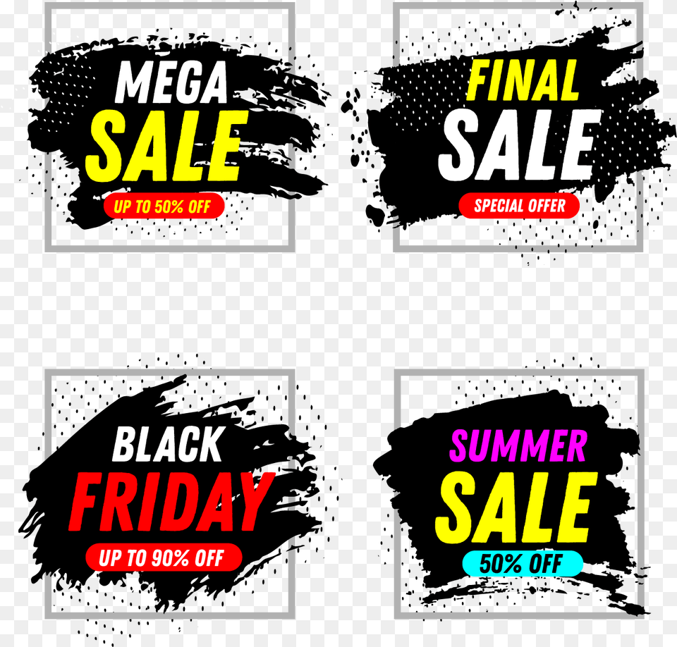 Set Of 4 Abstract Brush Sales Banners Vector Sales Banners, Advertisement, Poster, Text Png