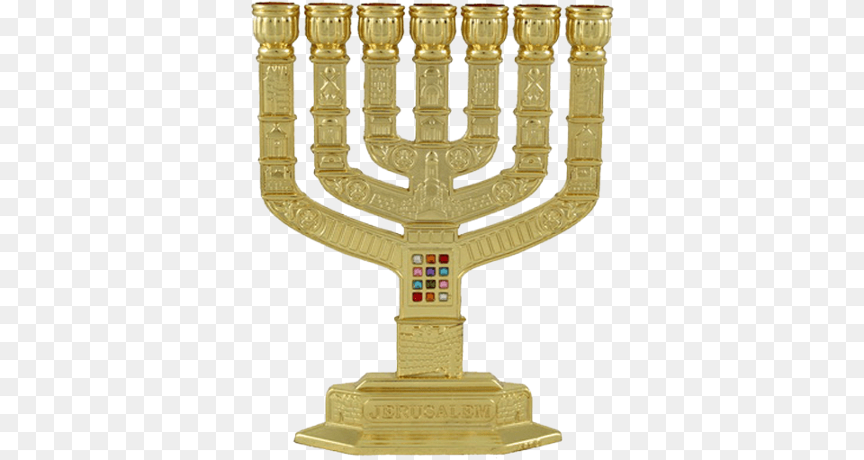 Seven Branch Menorah With Hoshen Stones Gold Plated Seven Branch Menorah With Hoshen Stones, Festival, Hanukkah Menorah, Candle Free Png