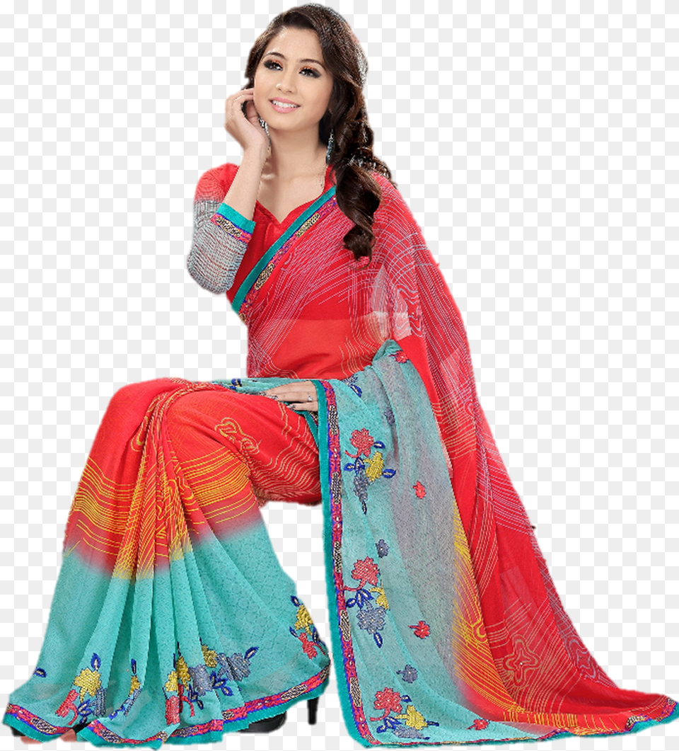 Sharda Sarees Blue And Red Designer Embroidered Saree Saree Designs, Adult, Female, Person, Woman Free Png