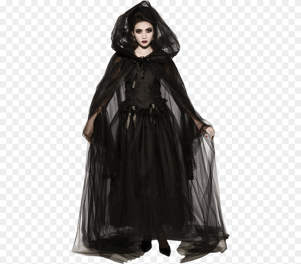 Sheer Black Hooded Cape Gothic Witch Costume, Adult, Fashion, Female, Person Png Image