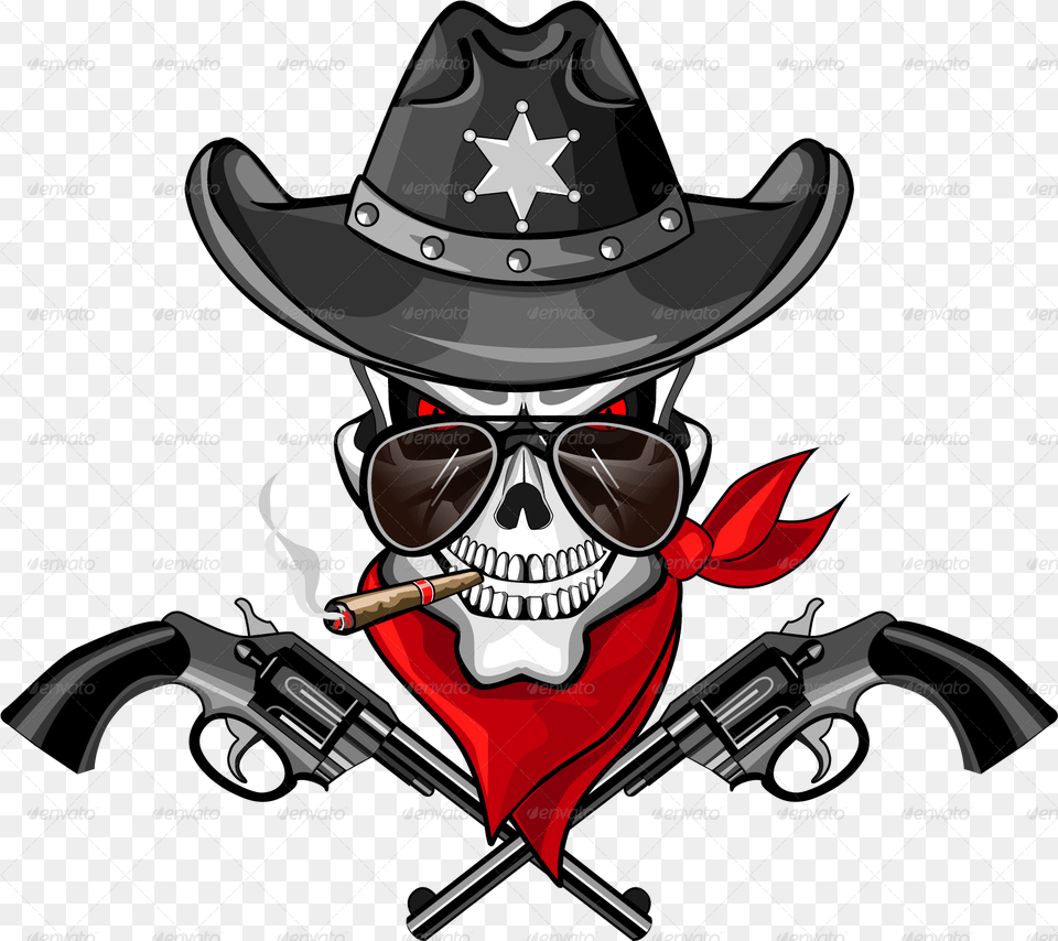 Sheriff Skull With Pistols And A Cigar Skull With Gun, Clothing, Hat, Smoke Pipe, Cowboy Hat Free Png