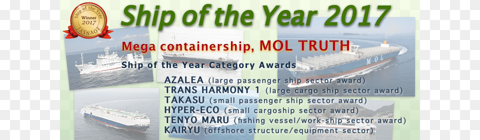 Ship Of The Year Award 2017 Goes To Mega Containership Airline, Advertisement, Boat, Transportation, Vehicle Png