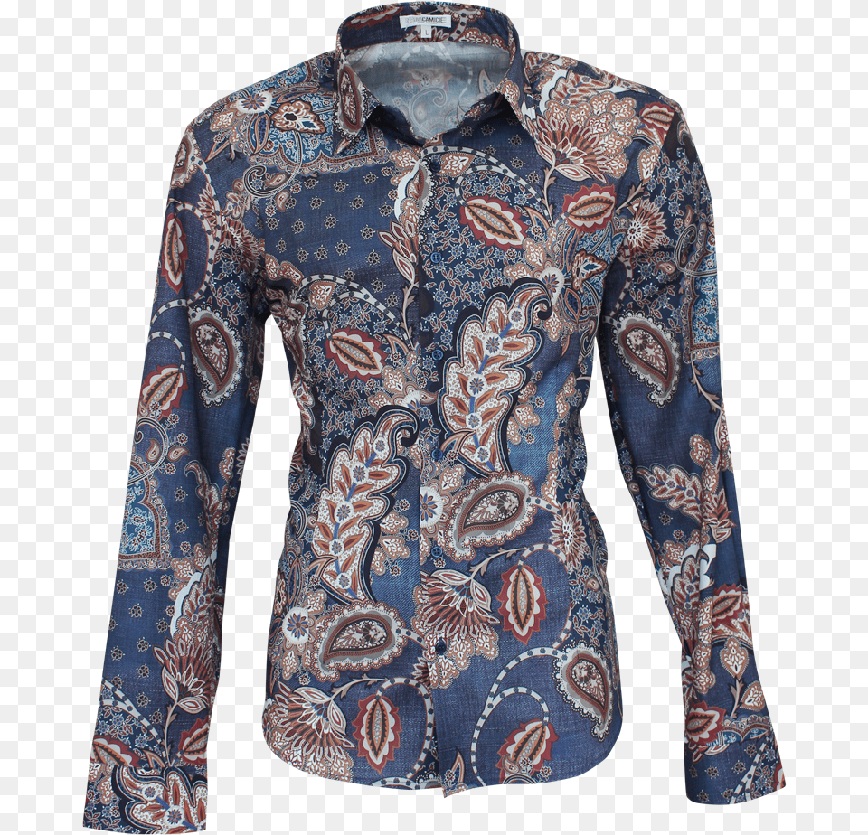 Shirt In Denim Color With Fancy Pattern Fancy Shirt, Paisley, Clothing, Coat, Long Sleeve Free Png