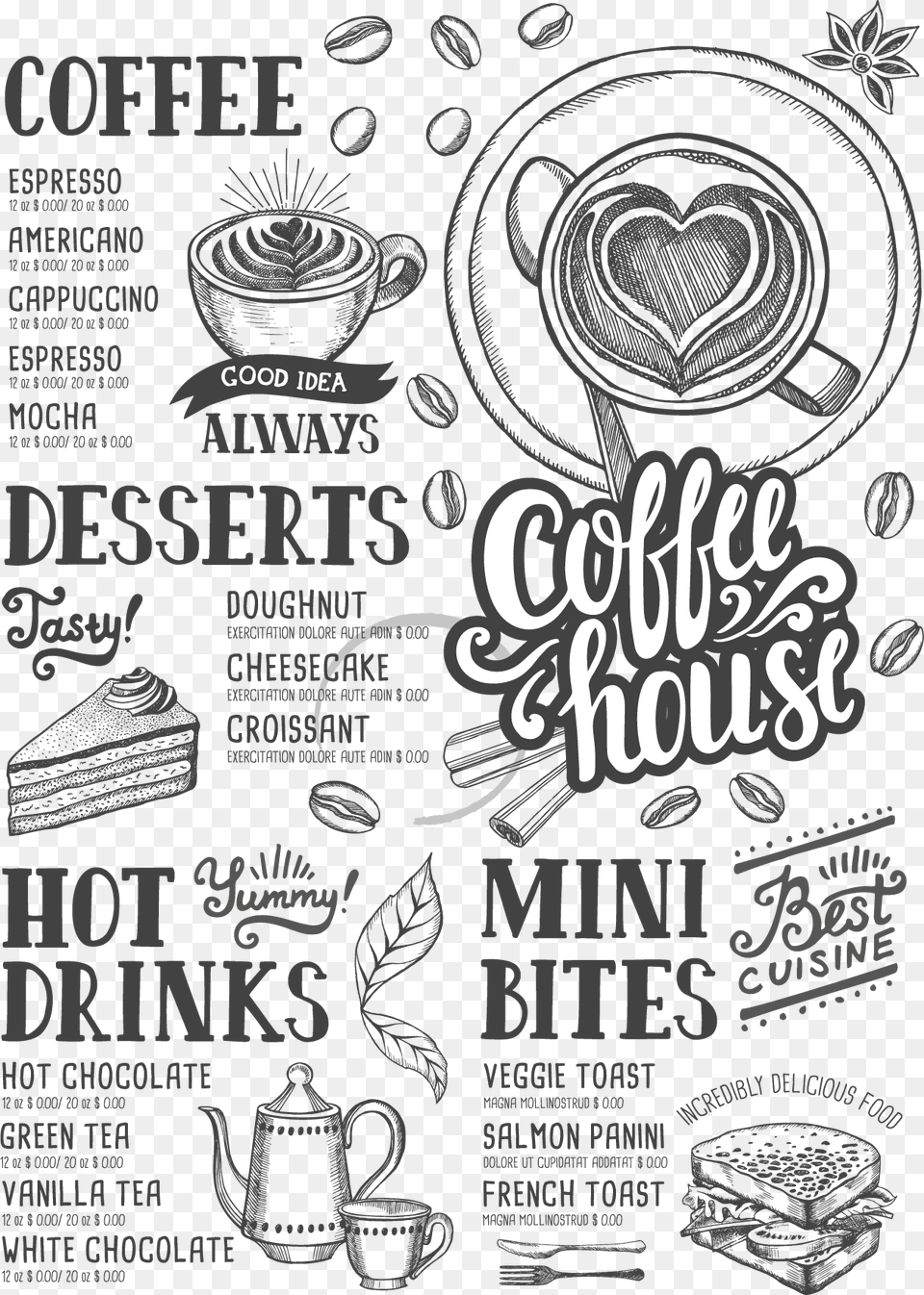 Shop Coffee Hamburger Tea Menu Cafe Clipart Coffee Menu Vector, Advertisement, Poster, Beverage, Coffee Cup Png Image