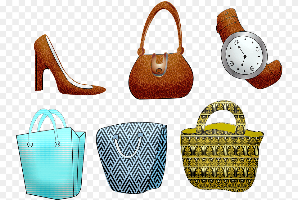 Shopping Bags Purse High Heeled Shoes Watch Leather Shopping Bag, Accessories, Handbag, Clothing, Footwear Free Transparent Png