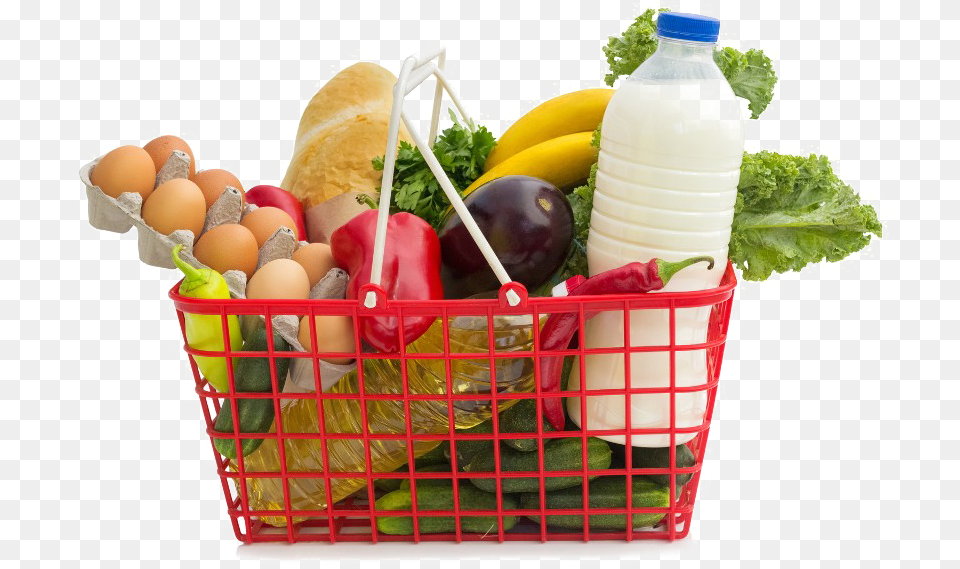 Shopping Basket With Groceries, Beverage, Milk, Egg, Food Png Image