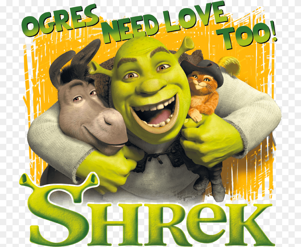 Shrek Ogres Need Love Menu0027s Tall Fit T Shirt Shrek Puss And Donkey, Advertisement, Poster, Baby, Face Free Png