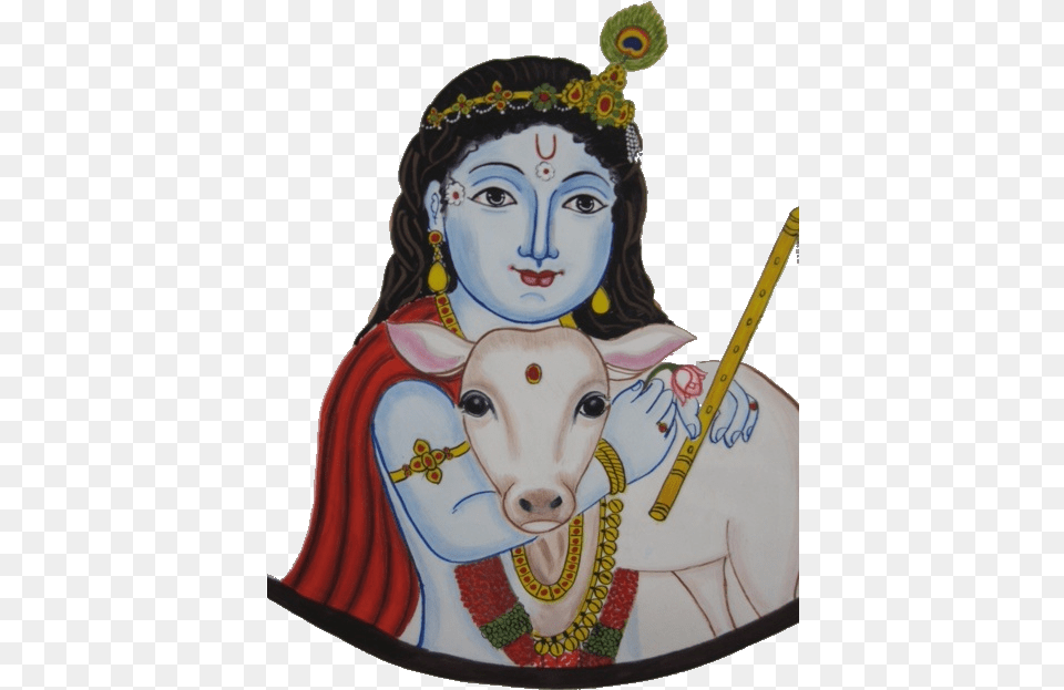 Shri Krishna With Cow Calf, Person, Art, Face, Head Free Png Download