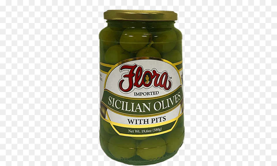 Sicilian Olives With Pits Flora Foods, Alcohol, Beer, Beverage, Jar Png