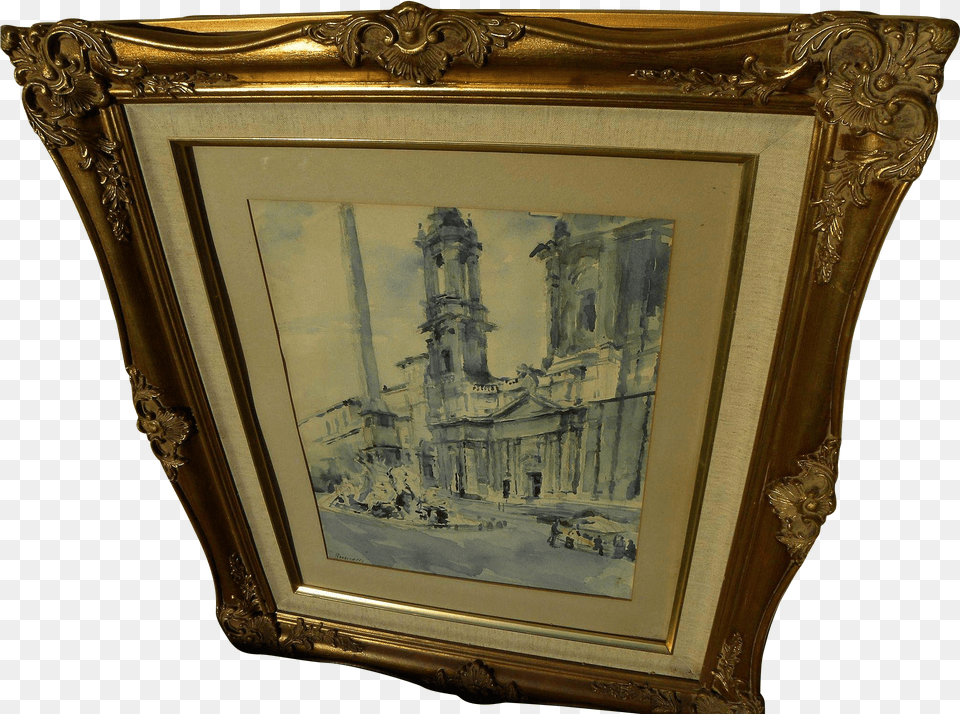Signed Italian 20th Century Watercolor Of Old Church Picture Frame, Animal, Bear, Mammal, Wildlife Free Transparent Png