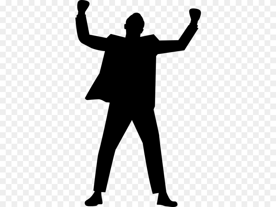 Silhouette Businessman Arms Suit Yes Raised Open Success Clipart Black And White, Gray Png Image