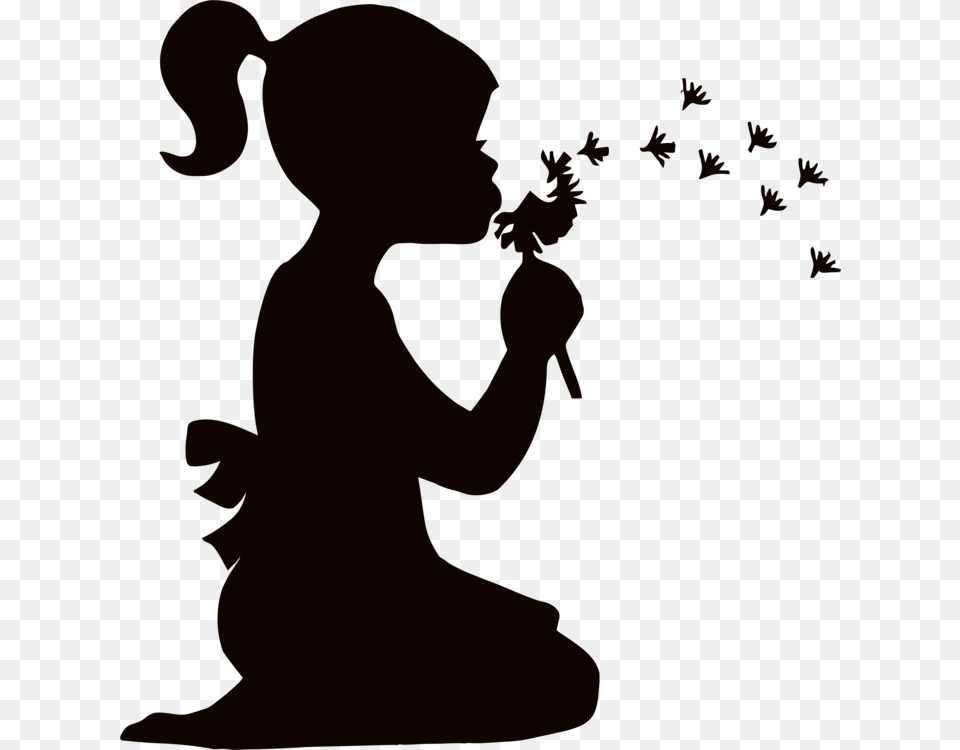 Silhouette Dandelion Child Drawing Mural Silhouette Girl Blowing Dandelion, Kneeling, Person Png