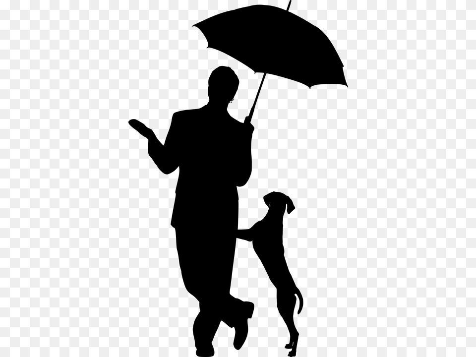 Silhouette Dog Umbrella Man Pet Friendship Care Man With Umbrella Silhouette, Gray Free Transparent Png