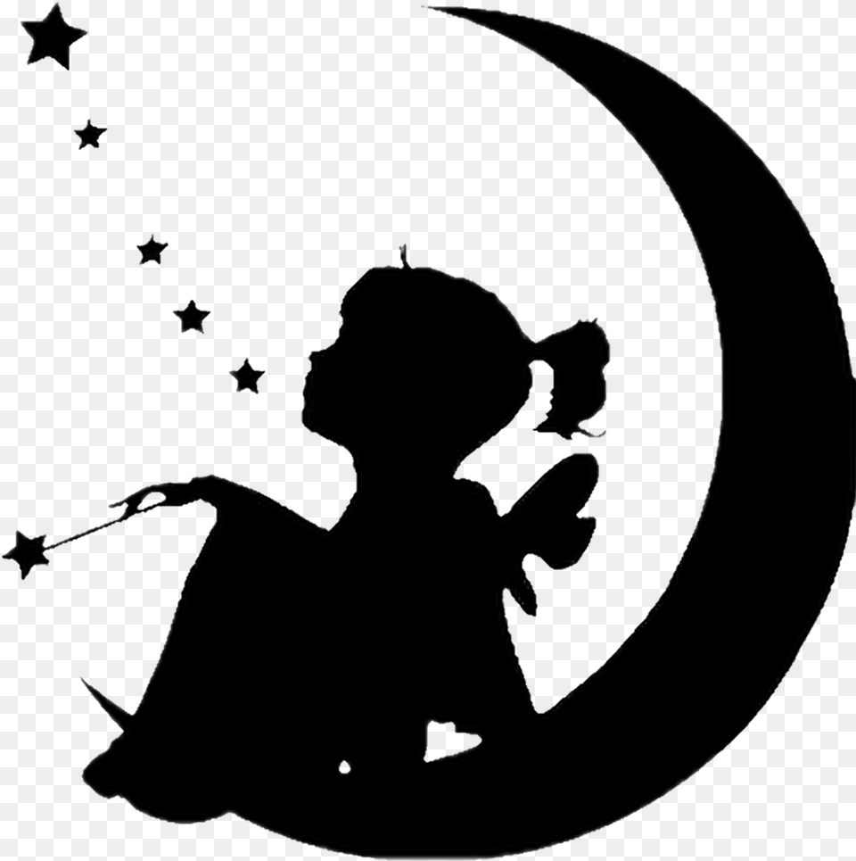 Silhouette Moon Littlegirl Blackandwhite Sticker Fairy On The Moon Silhouette, Photography, Person Free Png