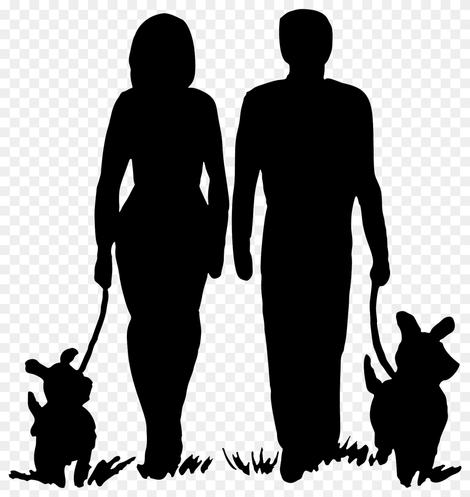 Silhouette Of A Couple Walking Their Dogs, Adult, Male, Man, Person Png