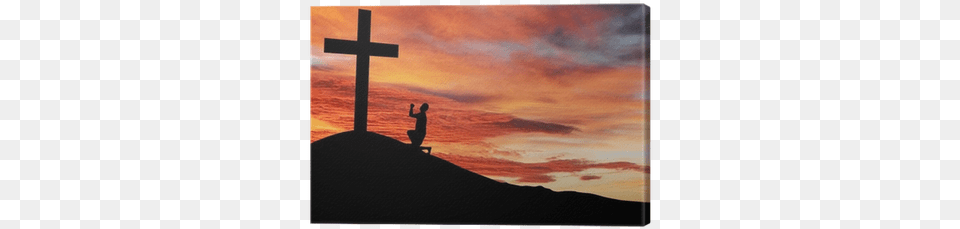 Silhouette Of A Man Praying Under The Cross Canvas Human, Symbol, Kneeling, Person, Outdoors Free Png Download