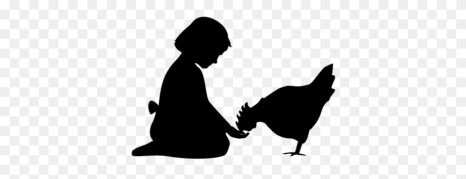 Silhouette Of Girl Feeding Chicken, Gray Png Image