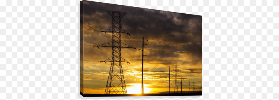 Silhouette Of Large Metal Powerline Towers With Colourful Calgary Electric Towers Logo, Cable, Power Lines, Utility Pole, Electric Transmission Tower Free Png