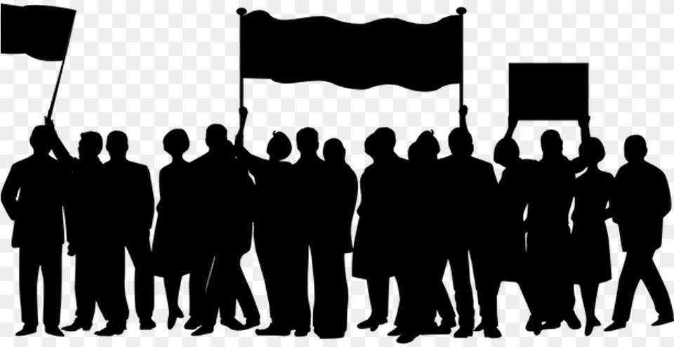 Silhouette Of Protesters Marching With Flags And Banners Lot Of People, Gray Png