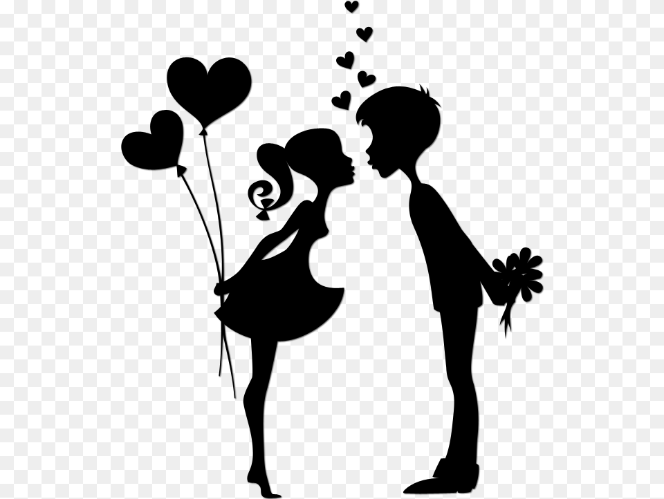 Silhouette Of Two People With Red Hearts Cute Couple Clipart Black And White, Gray Free Png