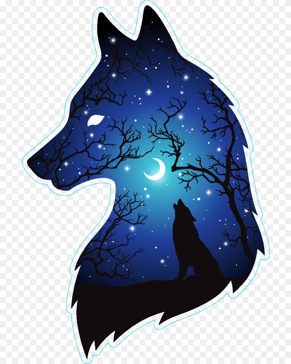 Silhouette Of Wolf Moon And Stars Double Exposure Sticker Moon Wolf, Nature, Outdoors, Night, Wildlife Free Png