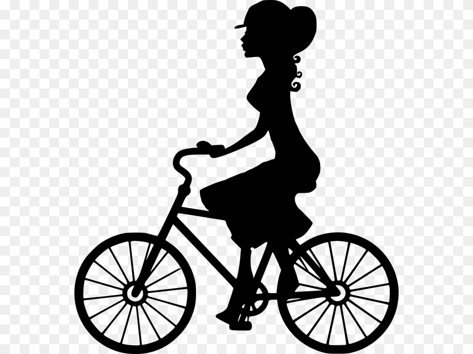 Silhouette Wheel Cyclist Bike Seated Active Woman Girl On Bike Silhouette, Gray Free Png