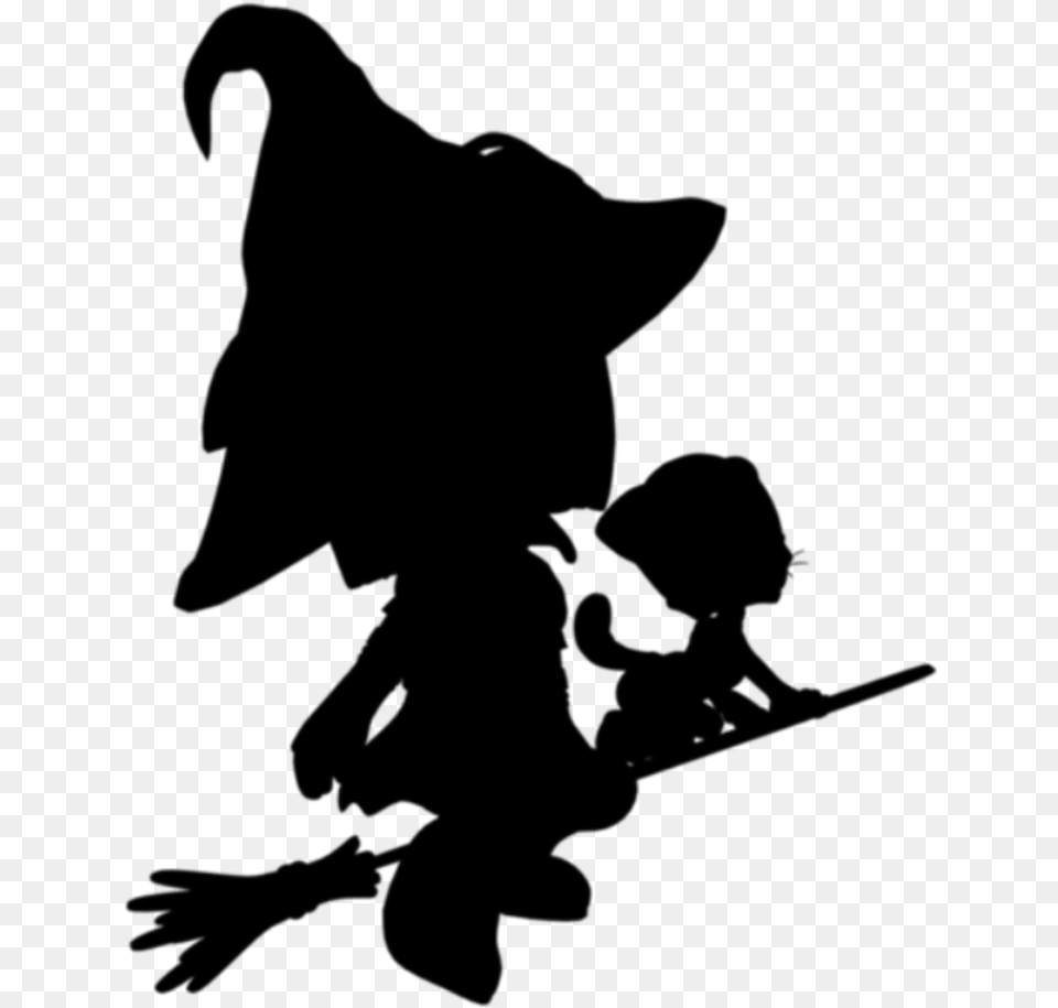 Silhouette Witch Broom Flyingwitch Cat Editedbyme Illustration, Gray Free Png