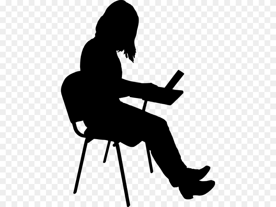 Silhouette Working Chair Girl Isolated Laptop Silhouette Of Girl Studying, Gray Png