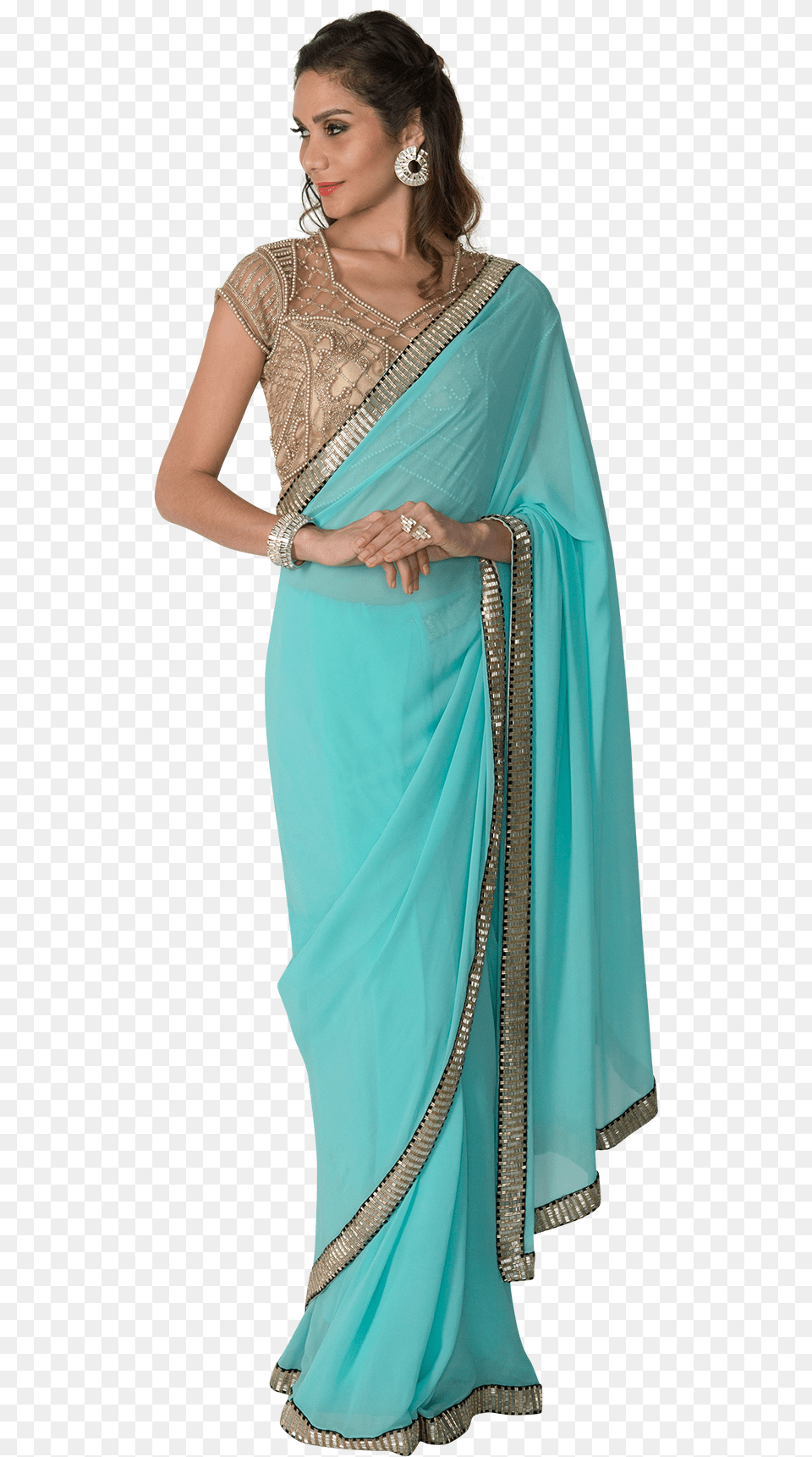 Silver Brocade Saree Blouse Blue Saree With Gold Blouse, Adult, Female, Person, Silk Free Transparent Png