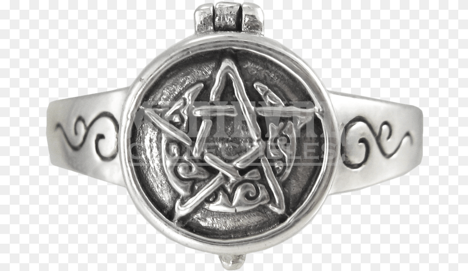 Silver Horned Moon Pentacle Poison Ring Ring, Accessories, Arm, Body Part, Person Png Image