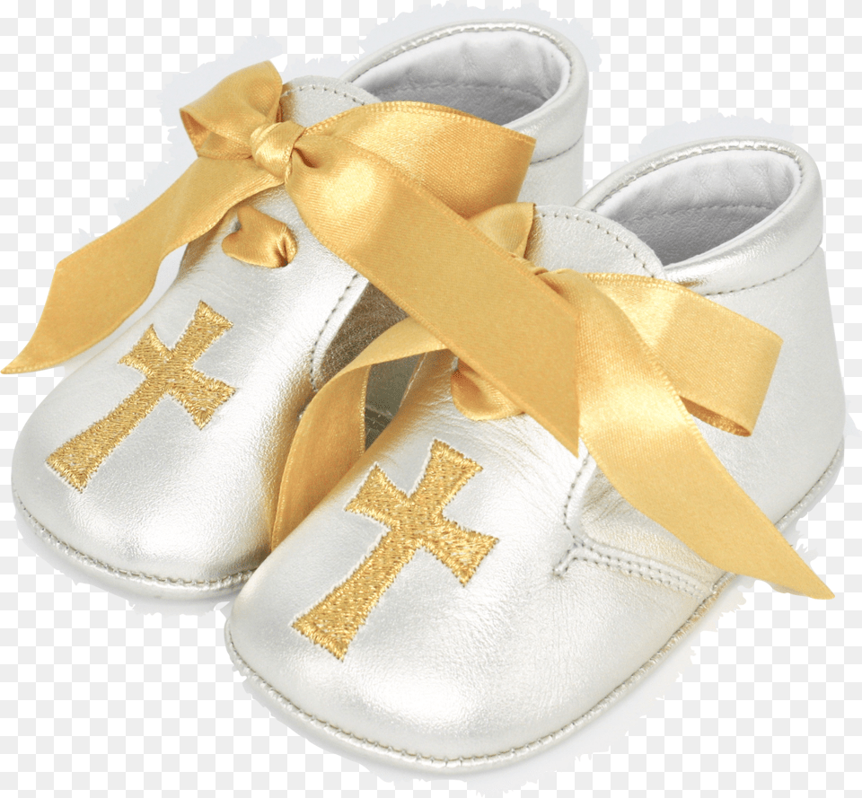 Silver Leather Gold Cross With Gold Ribbon Laces Slip On Shoe Png Image