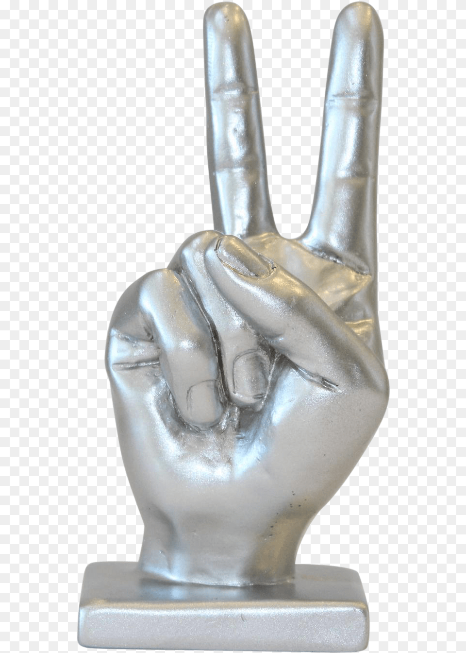 Silver Peace Sign Hand Sculpture Solid, Figurine, Body Part, Finger, Person Png Image
