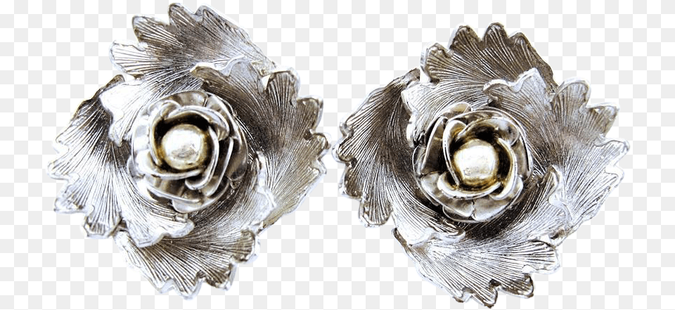 Silver Tone Dimensional Vintage Flower Earrings Solid, Accessories, Earring, Jewelry Png Image