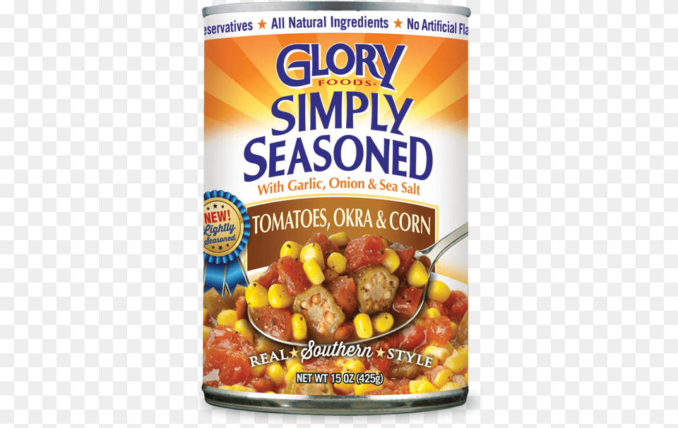 Simply Seasoned Tomato Okra And Corn Glory Can Goods, Advertisement, Poster, Food, Meal Free Png Download