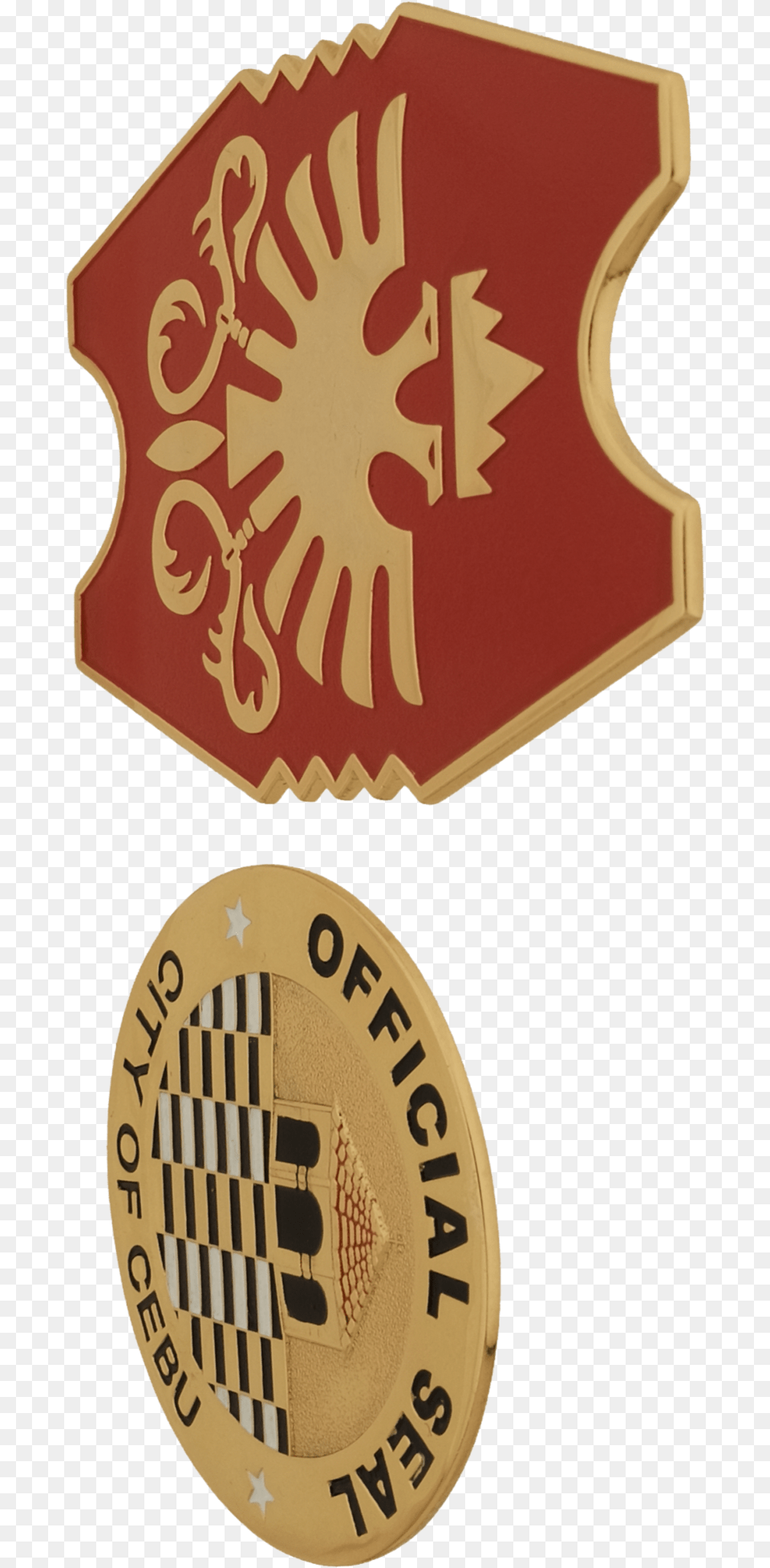 Sinulog Shield Gold 64 Mm With Cebu City Seal U2013 Suarez Arts Emblem, Badge, Logo, Symbol, Road Sign Png