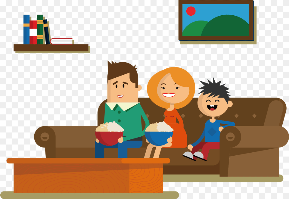 Sitting Drawing Cartoon A Family Watch Tv Vector, Person, People, Baby, Head Png Image